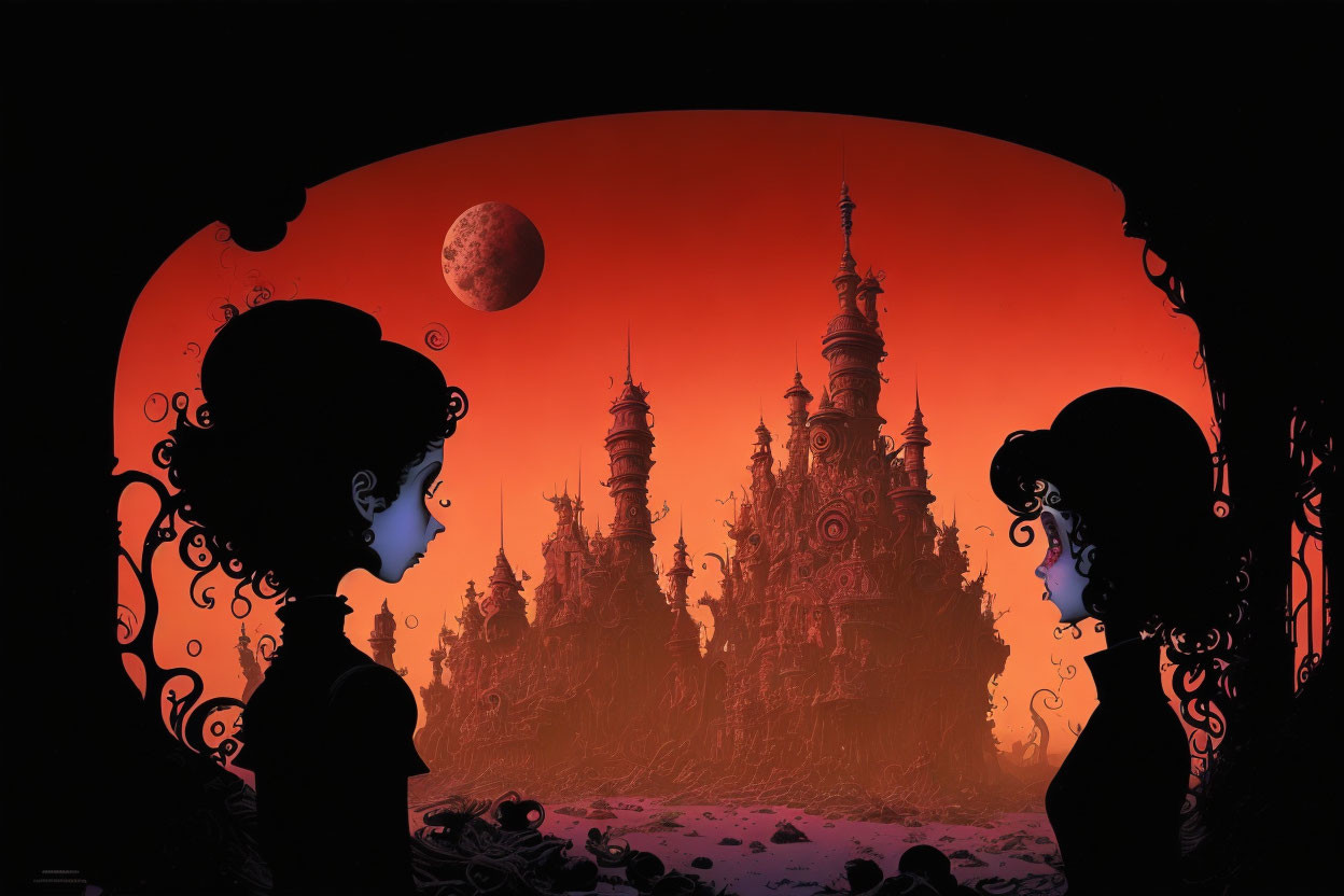 Two individuals with elaborate hairstyles in silhouette against a red moonlit sky.