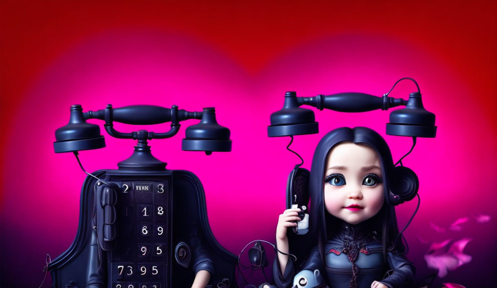 Young girl with big eyes holding vintage phone receiver amidst retro phones on pink background