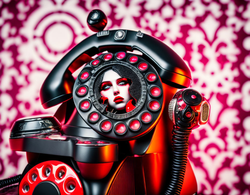 Vintage rotary phone with woman's face on pink background