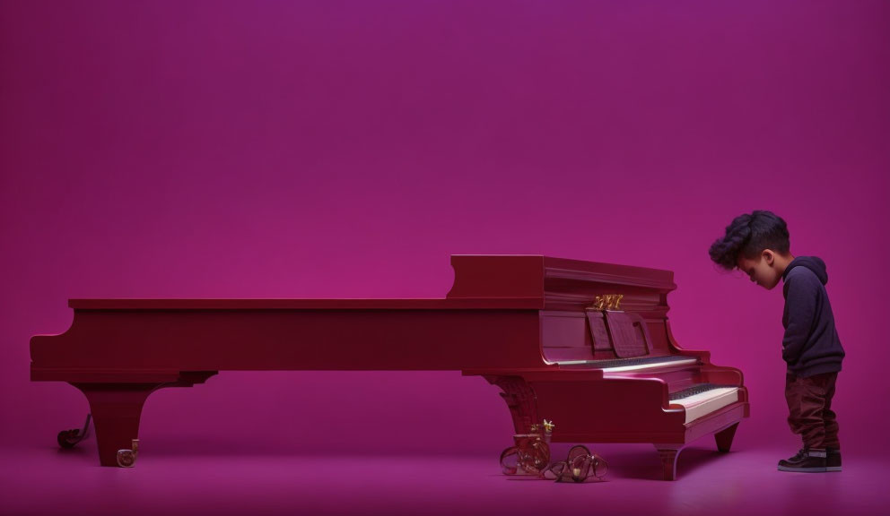 Child admires red grand piano on purple backdrop with playful glasses.