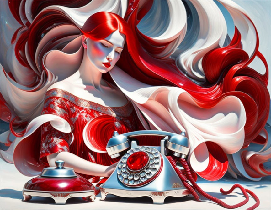 Surreal illustration of woman with flowing red hair and vintage telephone on whimsical background