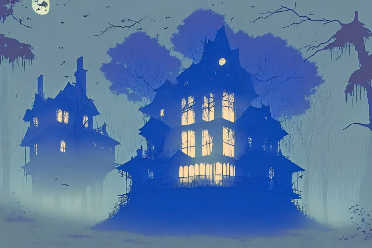 Eerie blue-toned haunted house illustration with full moon