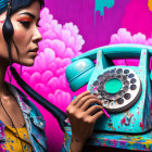 Woman with Blue Streak Hair Holding Vintage Turquoise Phone on Graffiti Background