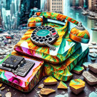 Colorful Vintage Telephones on Abstract Background with Gold Coins