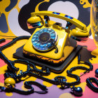 Colorful Retro Yellow Rotary Phone with Blue Lights on Pink Backdrop