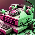 Colorful Surreal Vintage Rotary Phone with Modern Elements in Pink and Green Hues