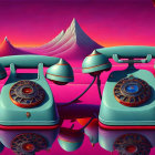 Surreal artwork of vintage rotary telephones with tentacle-like cords on reflective surface against alien landscape