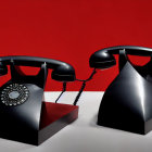 Vintage black rotary telephones with lifted handsets on red background