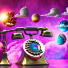 Surreal artwork: vintage telephone, cosmic elements on purple backdrop