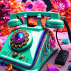 Colorful Vintage Rotary Phone on Bright Floral Background