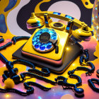 Vintage Gold and Blue Telephone on Surreal Cosmic Background