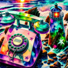 Vintage Rotary Phone with Cosmic and Oceanic Motif on Lighthouse Backdrop