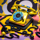 Colorful Surreal Artwork with Golden Retro Telephone and Abstract Shapes