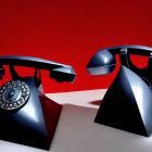 Vintage black telephones with lifted handsets on red background mirror each other