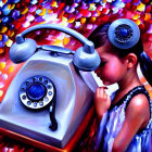 Child exploring rotary dial of vintage telephone in colorful setting