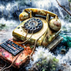 Vibrant retro rotary telephone illustration in surreal rainy scene