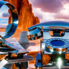 Futuristic chrome rotary dial phone in desert landscape