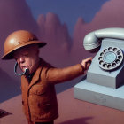 Surreal artwork: person with elongated arm, old-fashioned telephone, desert setting, coils.