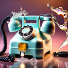 Vintage Turquoise Rotary Phone with Melting Details in Surreal Illustration