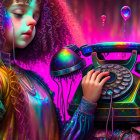 Curly-haired girl with retro rotary phone in colorful setting