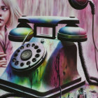 Vintage Colorfully Splattered Telephone with Child's Face on Pink Background