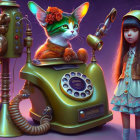 Cat in green hat on vintage phone with girl in helmet and retro-futuristic gadgets