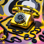 Vintage Yellow Rotary Phone Surrounded by Pop-Art Patterns