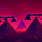 Surreal landscape with old-fashioned telephone handsets and red geometric shapes