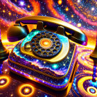 Colorful cosmic-themed rotary phone with starry galaxy design on swirling background.