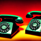 Vintage rotary phones with green handsets under red and yellow lighting casting dramatic shadows.