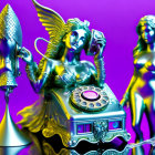 Metallic mermaids, old-fashioned telephone, rocket, geometric shapes on iridescent purple background