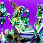 Futuristic metallic female figures in vibrant purple and green setting