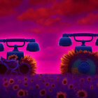 Vintage rotary telephones on sunflowers under purple sky.