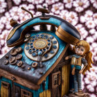 Whimsical vintage rotary phone artwork with character in wooden booth