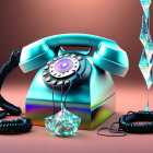 Vintage turquoise telephone with colorful dial melting into a blue splash on pink background