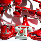 Multiple red rotary dial telephones with tangled cords under strong shadow-casting light.