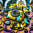 Colorful retro rotary telephones on bold psychedelic background