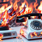 Vintage Telephone and Answering Machine Engulfed in Flames