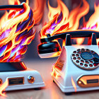 Vintage telephones on wooden surface with one on fire and the other with fiery backdrop