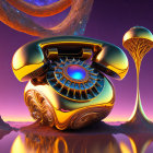 Colorful surreal illustration of retro telephone with eye, geometric shapes, and spires