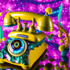 Surreal golden vintage telephone with eyeball dial on purple space background