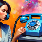 Colorful Artwork: Woman with Headphones and Rotary Phone on Vibrant Background