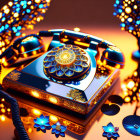 Ornate vintage rotary telephone with neon lights and glowing decorations