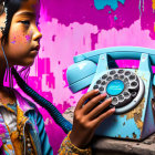 Young girl with earbuds listening to vintage blue rotary phone in vibrant paint setting