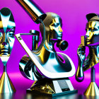 Metallic mannequin heads and microscope on purple background