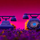 Vintage rotary and push-button telephones on purple background with sunflowers