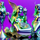 Three metallic humanoid figures in futuristic designs on purple background.