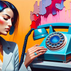 Stylized painting of woman with headphones and vintage rotary phone