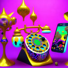 Colorful 3D illustration of whimsical rotary phone with abstract patterns and quirky objects on pink background