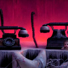 Vintage telephones with human hands and cobwebs on ledge in purple haze and red drapery